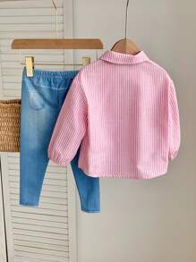 SHEIN Baby Girls Spring/Summer Striped Long Sleeve Shirt & Bow Decor Long Pants 2 Pieces Set - Pink - View 2