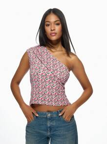 MISSGUIDED Floral One Shoulder Crop Top Summer Spring Fitted Party Club Casual Date Night Fashion Statement Pink Blouse