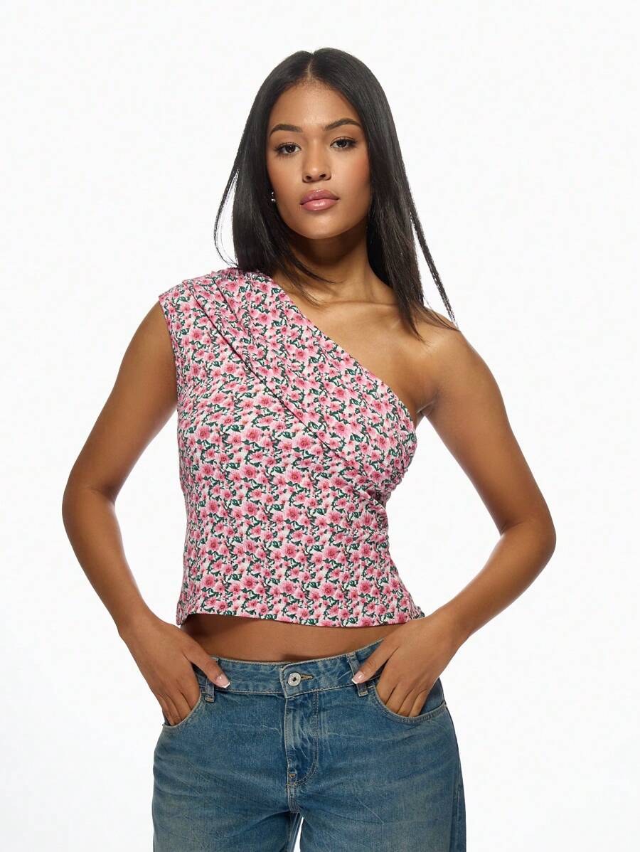 MISSGUIDED Floral One Shoulder Crop Top Summer Spring Fitted Party Club Casual Date Night Fashion Statement Pink Blouse
