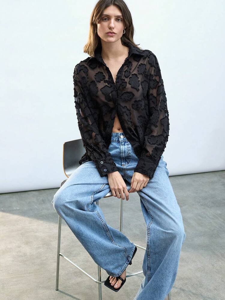 SHEIN Maija Women's Black Semi-Sheer Texture Button Front Long Sleeve Shirt, Casual Daily Wear Loose Blouse Going Out