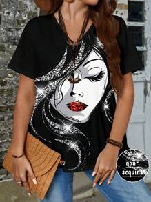 SHEIN CURVE+ Casual Minimal All-Over Print Plus Size T-Shirt - Black - View 6