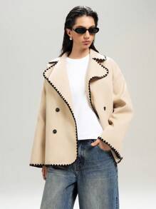 LYSMO Women Casual Contrast Binding Double-Breasted Woolen Coat, Autumn/Winter