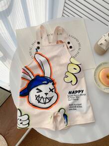 1pc Young Boys Casual Sporty Streetwear Cute Rabbit Print Loose Bib Overall Shorts, Suitable For Daily Wear, School, Travel, Sports, Spring/Summer - Apricot - View 1