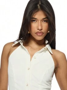 MISSGUIDED Elegant Button Down Halter Mini Dress Fit And Flare Summer Party A-Line Sleeveless Dress With Pockets Retro Style Wedding Guest Outfit - White - View 3
