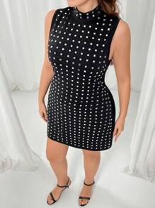 Firerie Plus Size Sparkling Rhinestone Embellished Knit Short Party & Festival Dress, Black - Black - View 4