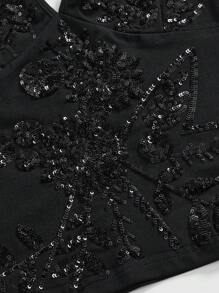 ROMWE Fairycore Vintage Sequin Floral Vine Embroidered Open Back Tank Top - Black - View 3