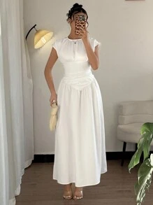 SHEIN Unity Women's Solid Color Round Neck Ruched Casual Long Dress - White - View 3