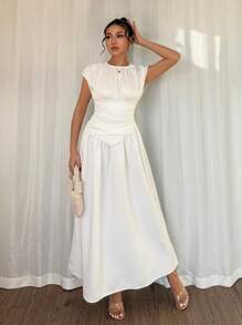 SHEIN Unity Women's Solid Color Round Neck Ruched Casual Long Dress - White - View 6