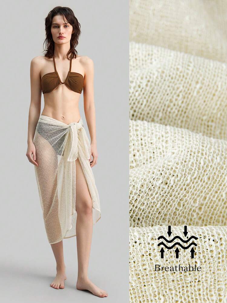 Vintage Boho Women Bikini Cover Up,Hollow Textured Fabric Sheer Wrap Around Skirt,Multi-Purpose Beach Dress,Beige,Summer,Cute,Beach Vacation,Holiday
