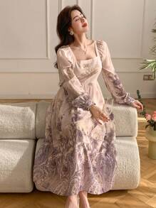 DAZY 女士碎花方领灯笼袖中长款度假连衣裙，秋季长袖连衣裙，复活节 - 紫色 - 查看 6