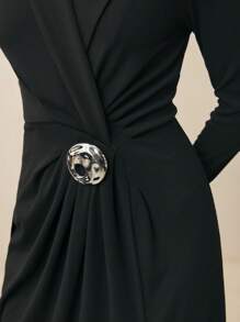 BizChic 优雅白色金属纽扣装饰褶皱女式春夏连衣裙，适合正式场合 - 黑色 - 查看 5