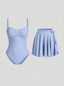 Sweetra Traje de baño de una pieza azul, lindo y coqueto, con falda de cubrición para vacaciones y playa de verano para mujeres