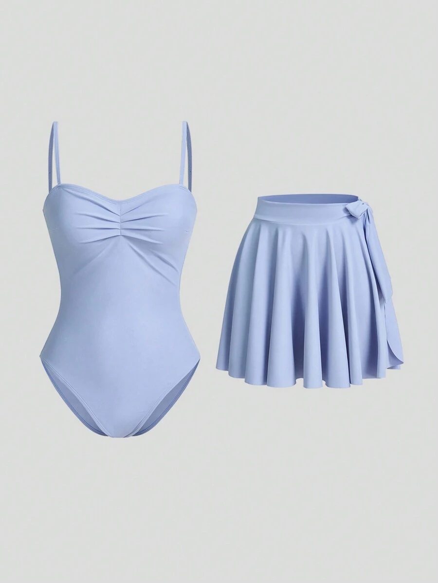 Sweetra Traje de baño de una pieza azul, lindo y coqueto, con falda de cubrición para vacaciones y playa de verano para mujeres - Azul - Ver 1