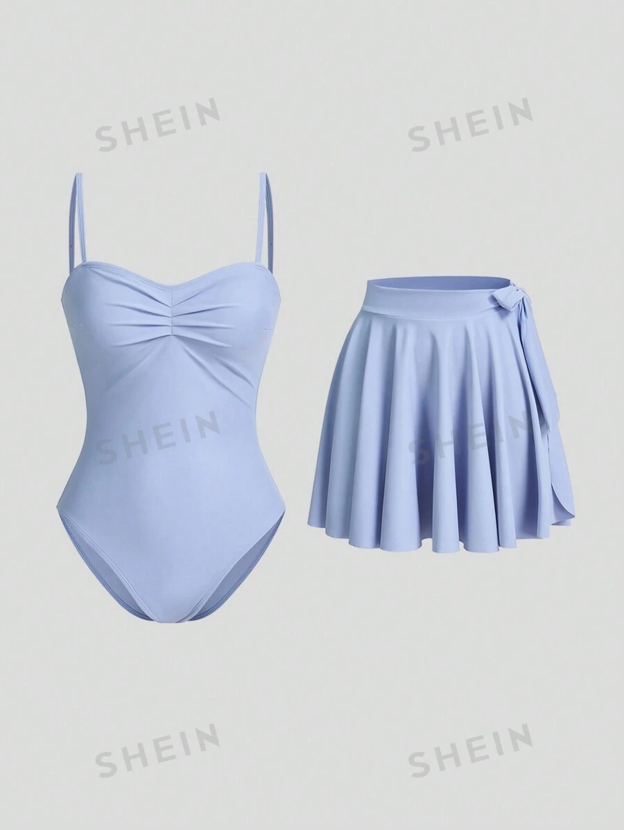 Sweetra Traje de baño de una pieza azul, lindo y coqueto, con falda de cubrición para vacaciones y playa de verano para mujeres