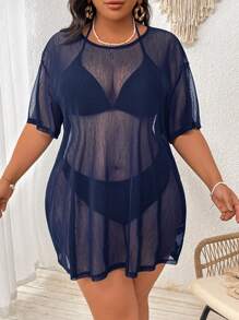 SHEIN Swim Curve Plus Size Sexy Sheer Solid Color Cover Up Dress, For Summer Beach Vacation