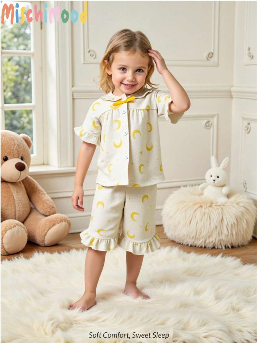 Young Girl Moon & Star Print Ruffle Hem Open Front Short Sleeve Pajama Set, Suitable For Family Gatherings - Yellow - View 1