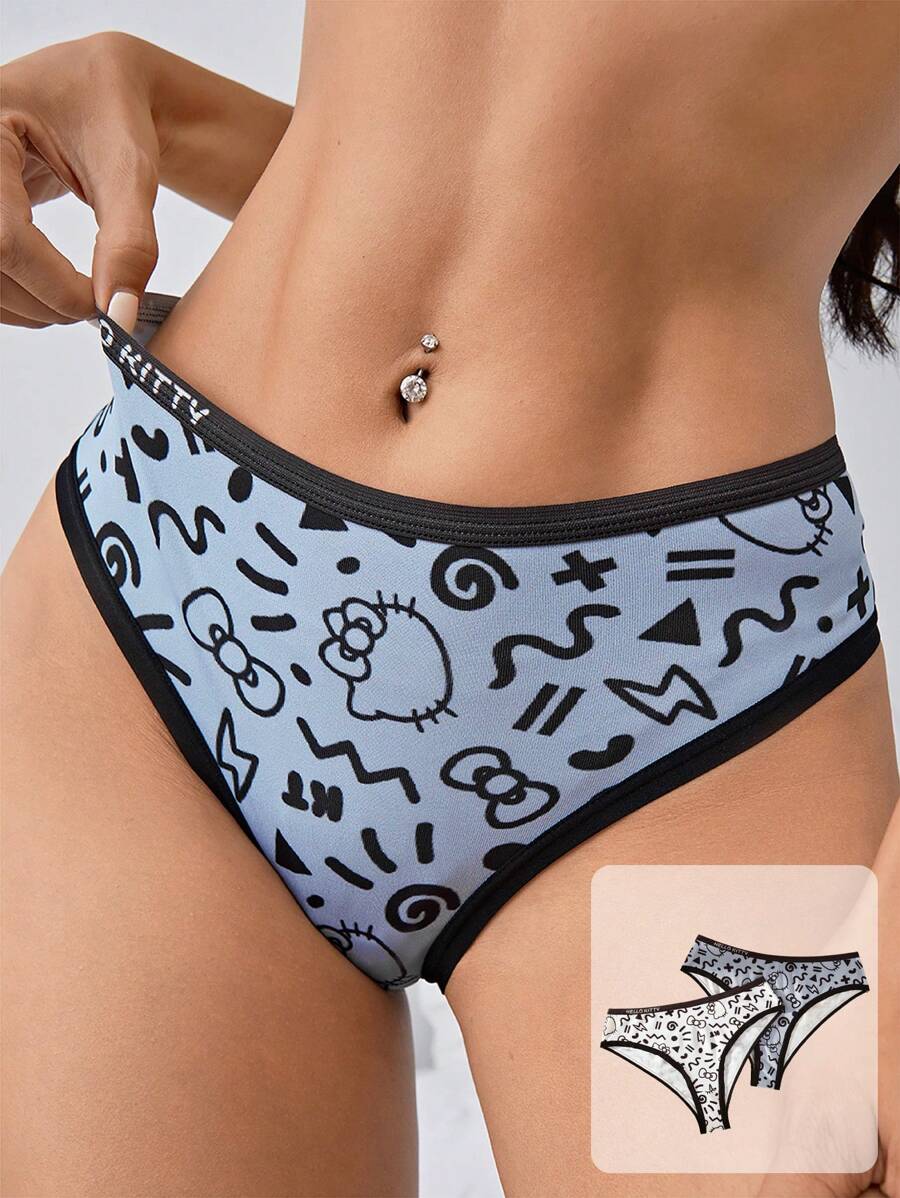 HELLO KITTY AND FRIENDS | SHEIN 女士卡通字母印花舒適三角褲 - 黑與白 - 查看 1