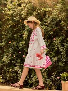 SHEIN Tween Girl Round Neck Long Sleeve Half-Placket Dress - Pink - View 2