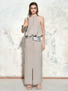 Aveloria 女士优雅性感无袖露背抽绳上衣 - 淺灰色 - 查看 1