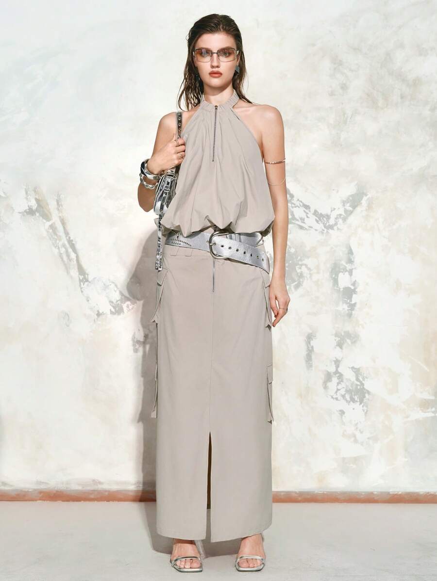 Aveloria 女士优雅性感无袖露背抽绳上衣 - 淺灰色 - 查看 1