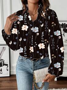 SHEIN LUNE Women's Summer Casual Country Western Ruffle Collar Lantern Sleeve Pattern Print Long Sleeve Blouse - Black - View 1