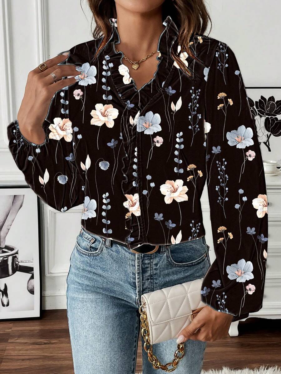 SHEIN LUNE Women's Summer Casual Country Western Ruffle Collar Lantern Sleeve Pattern Print Long Sleeve Blouse - Black - View 1