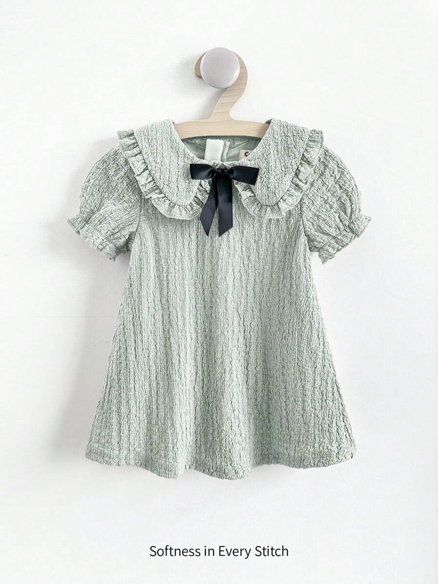Cozy Pixies Baby Girl Decorated Bow Peter Pan Collar Short Sleeve Cinched Waist Dress - Green - View 1