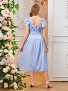 1pc Teen Girls' Square Neck Double Layered Ruffle Sleeve Midi Dress, Elegant Casual Sundress For Summer - Blue - View 2