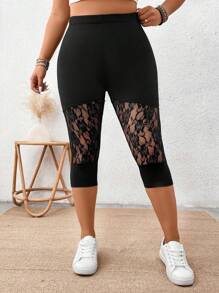 SHEIN LUNE 夏季大码女士蕾丝拼接弹力针织七分裤