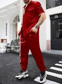 Manfinity Roghcode Bộ quần áo sơ mi và quần tay ngắn có túi tiện dụng màu trơn cho nam Trang phục nam Trang phục nam Trang phục nam Trang phục nam Trang phục đầy đủ cho nam - Đỏ - Xem 5