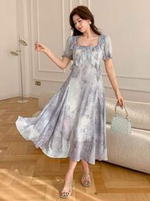 DAZY Women's Midi Length Dress With Allover Floral Print, Square Neckline And Ruffle Hem