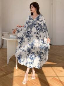 DAZY 女士全身印花宽松中长连衣裙，秋季长袖连衣裙，度假装扮，女士复活节长款连衣裙 - 藍色 - 查看 6