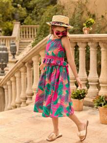 SHEIN Tween Girls Tropical Plant Printed Camisole Top & Matching Hollow-Out Skirt Set, Suitable For Beach Holiday Resort Wear