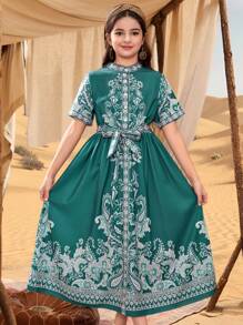 SHEIN Gaun Gaya Retro Istana Resor Warna Hijau Tua Elegan dan Mewah untuk Anak Perempuan Remaja - Hijau - View 2