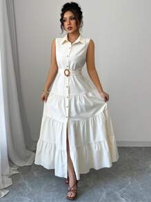 Elenzga 女士 V 领纽扣腰带长裙