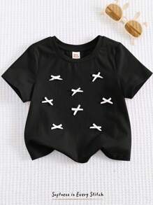 Cozy Pixies Baby Girl Bow Decor Soft Knit Crew Neck Short Sleeve Pullover Top - Black - View 1