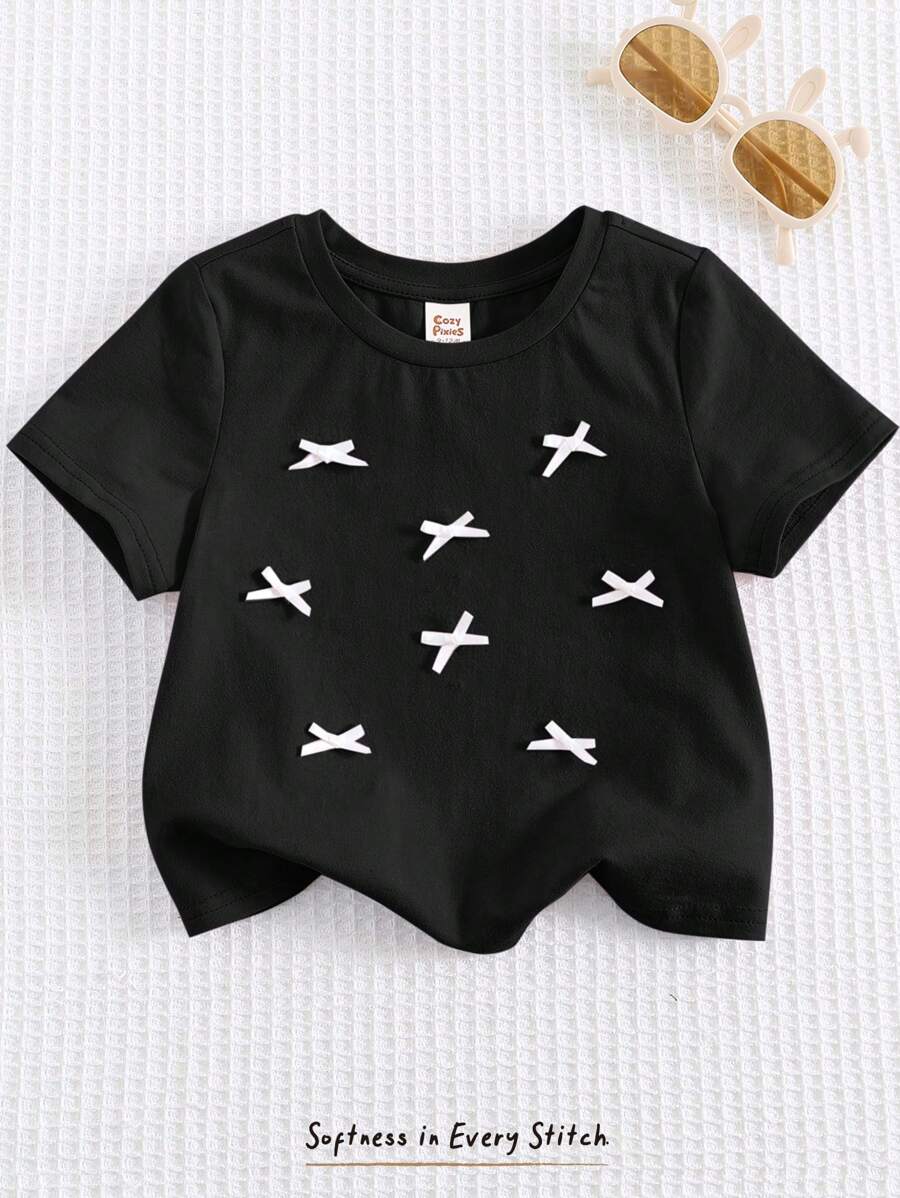 Cozy Pixies Baby Girl Bow Decor Soft Knit Crew Neck Short Sleeve Pullover Top - Black - View 1