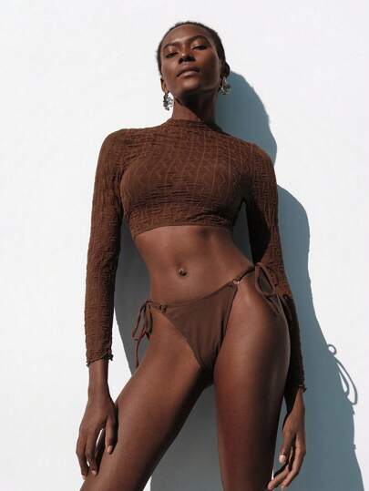 Lumivelle Women's Fashion Stand Collar Long Sleeve Bikini Set For Summer Beach Vacation