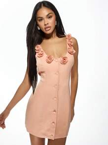 MISSGUIDED Vestido corto elegante con botones delanteros y aplicaciones de rosas, sin mangas, vestido ajustado ideal para cocteles y eventos especiales, perfecto para una cita o primavera-verano