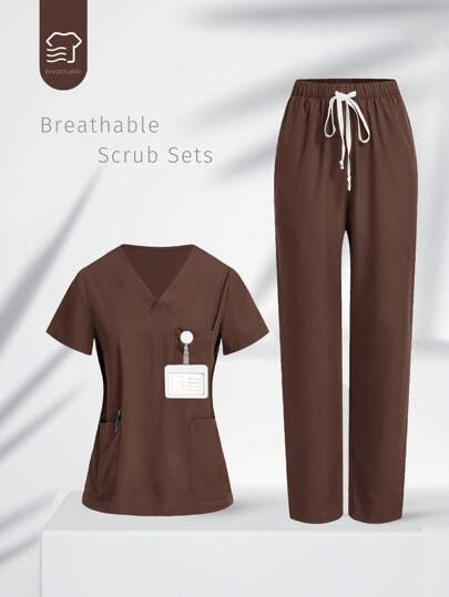 TaskEZ Uniform Set: V-Neck Short Sleeve Tailored Blouse And Drawstring Straight Leg Casual Pants, Scrub Sets
