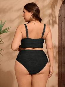 SHEIN Swim Curve Plus Size Women 2pcs Adjustable Strap Black Casual Resort Pool Beach Backless Tankini Set, For Summer Vacation - Black - View 2