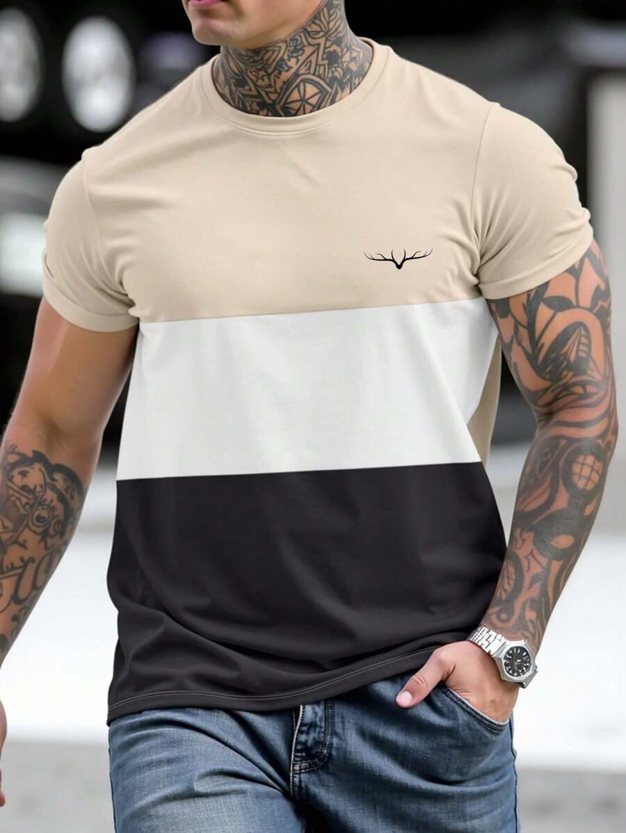 Manfinity Homme Men's Casual Simple Contrast Color Patchwork Short Sleeve T-Shirt - Multicolor - View 1