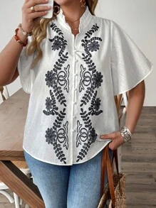 SHEIN Clasi Women's Plus Size Elegant Floral Printed V-Neck Ruffle Sleeve Blouse, Boho Office Wear, For Summer - Multicolor - View 3