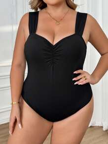 SHEIN CURVE+ Women's Plus Size Ruched Front Knitted Bodysuit, Elastic Black Camisole, Spring/Summer - Black - View 6