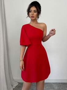 Elenzga Thời trang nữ gợi cảm màu trơn một bên vai tay loe ôm vừa vặn, thường ngày & hẹn hò ban đêm - Đỏ - Xem 4