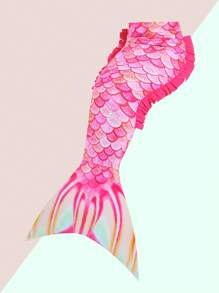 Young Girl Asymmetric Neck One-Piece Swimsuit With Printed Ribbon Decorative Details, Paired With Mermaid Skirt, Beach Vacation - Hot Pink - View 5