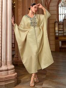 Al Najma Women's Embroidered Batwing Sleeve Turkish & Arabic Traditional Long Dress, Kaftan & Jalabiya, Luxury Evening Dresses For Women - Apricot - View 7