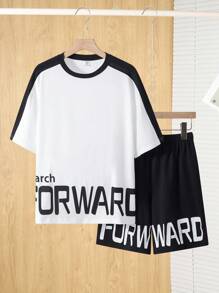 SHEIN 2pcs/Set Teenager Boys Casual Black & White Contrast English Graphic Print Short Sleeve T-Shirt & Shorts Set, Street Punk Rock Preppy Daily Outdoor Party Music Festival, Suitable For Spring & Summer