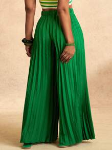 Slaydiva Quần ống rộng dài, cạp chun, buộc dây màu xanh đậm, dáng suông, xếp ly, dành cho nữ cỡ lớn, thích hợp mặc đi nghỉ mát. - màu xanh lá - Xem 2