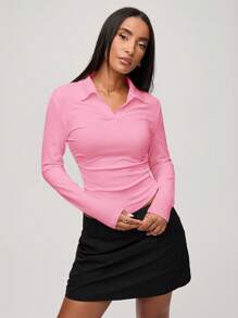 SHEIN BASICS Casual Solid Color Knitted Lapel Partial Button Down Long Sleeve Ruched Side Women Top - Pink - View 3